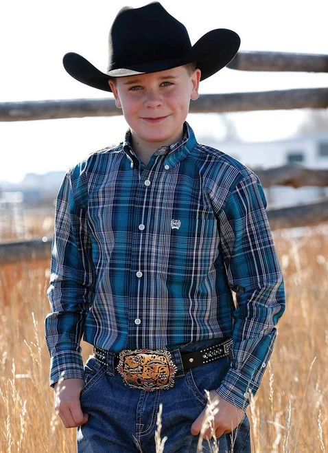 Boys Cinch Blue Teal Plaid Button-Down Shirt 2 Boys Cinch Blue Teal Plaid Button-Down Shirt