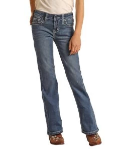 Girls Rock & Roll Cowhide Trim Bootcut Jean -Ariat Store girls cowhide trim jean front RRGD4MR108 BZ RR 33654.1678746163