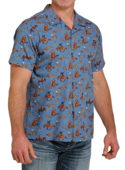 Men's Cinch Horse Print Camp Shirt -Ariat Store horse print camp shirt blue side MTW1401009 miller 13299.1668118849