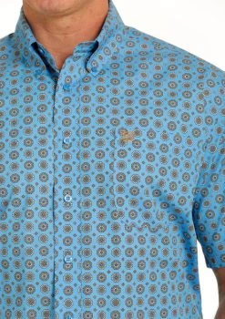 Men's Cinch Geo Print Shirt Short Sleeve -Ariat Store medallion print ss blue detail MTW1111423 cinch 01836.1684806049